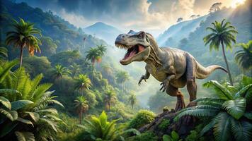 A breathtaking aerial view captures a dazzling panorama of a Tyrannosaurus Rex dinosaur roaming in a lush prehistoric jungle, greenery, nature, breathtaking, jungle, primitive, extinct photo