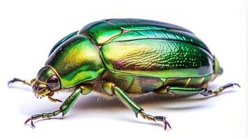 A detailed description of the stock photo A close up view of a rose chafer Cetonia aurata beetle isolated on a white background showcasing its shiny metallic green color and intricate texture