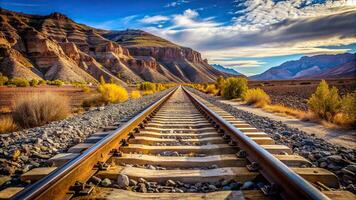 A stock photo featuring a straight railroad track in Utah USA viewed from a tilted angle emphasizing the way forward, motion, journey, track, Utah, angle, perspective, forward