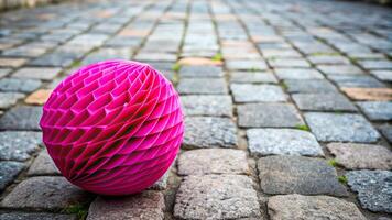 texture, contrast, vibrant, decorative, pink, paper ball, A vibrant pink decorative paper ball hangs gracefully in front of a textured stone pavement creating a striking contrast photo