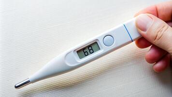 hand, close-up,reset, pressing, fever thermometer, A close up shot of a hand pressing the reset button on a fever thermometer with a gallium column to start a new temperature reading photo