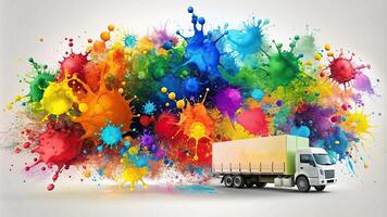 Paint splatters of different colors splashed across a white canvas representing a synchronized and efficient supply chain, logistics, efficiency, stock photo, synchronization photo
