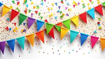 bunting, eye level, blank space,colorful, white background, Colorful festive bunting and confetti hanging on a white background with blank space at eye level photo