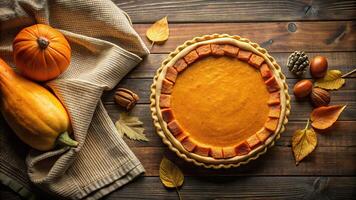 A wide angle shot of a pumpkin pie and roasted butternut squash arranged tastefully on a towel in a rustic setting, towel, delicious, autumn, food, pie, homemade, golden, harvest, fall photo