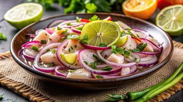 outhwatering Chilean Australian Peruvian cochayuyo seaweed seviche cebiche featuring freshly harvested cochayuyo mixed with slices of red onion chopped cilantro and a generous squeeze of zesty lemon photo