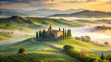 Misty morning scene in the Tuscan countryside with rolling hills covered in green vegetation soft sunlight filtering through the fog and a charming villa nestled amidst the landscape photo