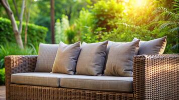 gray cushion, three brown pillows, nature background, A close up view of a modern wicker sofa in a garden with a nature background featuring three brown pillows and a gray cushion photo
