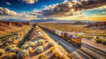A wide angle shot of a freight train moving through the vast and arid landscape of the Arizona desert showcasing the immense scale and power of the locomotive, shipping, cargo, vast photo