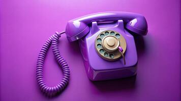 A close up view of a violet vintage dial telephone with a violet background from a high angle perspective, violet, perspective, device, conversation, high angle, instrument photo