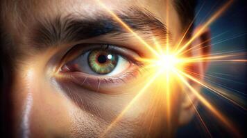 A close up high resolution photo capturing a bright light flare shining through the eye level of a person evoking feelings of brain power inspiration and energy, innovation, motivation