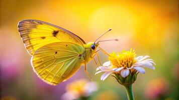 outdoor, close-up, nature, summer, flora, close-up, vibrant colors, insect, Macro shot of a vibrant yellow butterfly perched on a delicate flower with a softly blurred background photo
