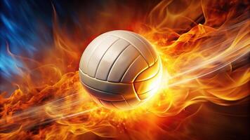 A volleyball ball is depicted flying at a high speed through a fiery backdrop creating a dramatic forced perspective effect, high speed, action, sport, energy, fire, forced perspective photo