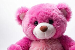A close up shot of a soft fur plush stuffed teddy bear in cute shades of pink and magenta with a lotso expression placed on a white background as seen from a worm s eye view photo