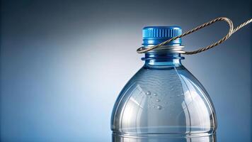 drink, clean,plastic bottle, plastic, convenience, blue, aqua, tethered cap, single-use, hygiene, Detail of a plastic bottle with a tethered cap photographed from a worm s eye view photo