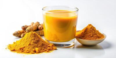 A stock photo featuring a symmetrical composition of turmeric water and turmeric powder on a plain white background creating an aesthetically pleasing and visually appealing image, water