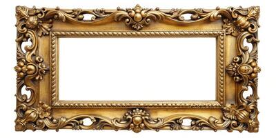 An antique gold frame with intricate detailing is displayed against a plain white background captured from a high angle, vintage, ornate, design, decor, luxurious, gold frame, museum photo