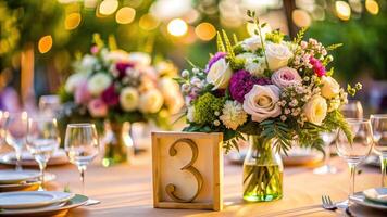 decor, nature, vibrant, copy space, wedding, composition, event, botanical,table number, Worm s eye view of a table number amidst a beautiful flower composition with open space for copy photo