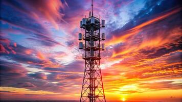communication, wireless, signal, telecommunications tower, Telecommunication tower standing tall against a beautiful pink sunset creating a stunning asymmetrical composition photo
