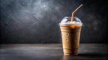 ice coffee, tilted angle,capuchino, copy space, plastic cup, black table, capuchino Ice coffee in plastic cup with straw on black table at cafe copy space Tilted Angle photo