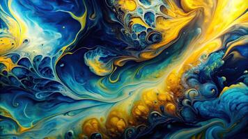 decorative, brush strokes, colorful, motion, art, acrylic, design, creative, low angle, Abstract fluid art painting with a dark blue and yellow color palette viewed from a low angle photo