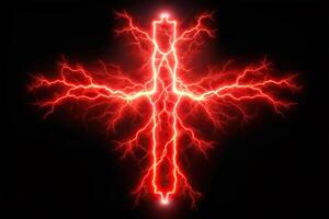 Abstract red lightning bolt crossing over a black background in fisheye perspective photo