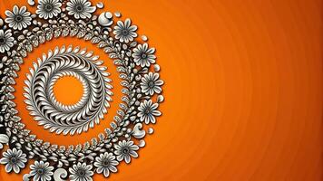 Abstract seamless pattern with black and white spiral twisted circles on orange background, retro style photo