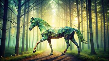 Abstract representation of a forest horse using geometric patterns and ethereal colors photo