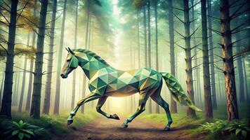 Abstract representation of forest horse using geometric patterns and ethereal colors photo