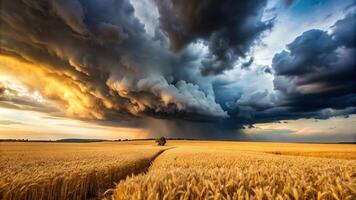 hoto capturing the dramatic contrast between a black thunderstorm cloud looming above a golden wheat field with a depth of field effect highlighting the focus on the cloud and the blurred background photo