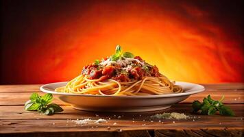 parmesan, recipe, food, traditional, grated, appetizing, closeup, Spaghetti with marinara sauce meat and parmesan cheese on a rustic wooden table against a gradient orange background photo