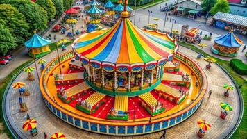 ride, aerial, nostalgia, view, amusement park, shiny, colorful, vibrant, attraction, entertainment, leisure, outdoors, Aerial view of a colorful merry go round carousel ride at a funfair photo