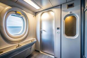 transportation, perspective, lock, metal, view,door, cabin, aircraft, private, A close up view of the door of a lavatory in an empty aircraft cabin captured from a worm s eye perspective photo