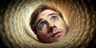 phobia, anxiety, A stock photo featuring a person with atychiphobia an anxiety or mood disorder as seen from a worm s eye view showing them looking up in fear and hesitation