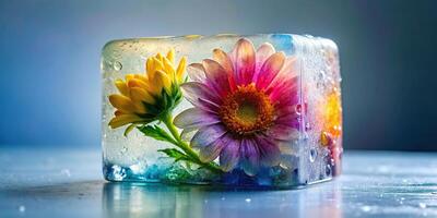 icy, vibrant, multicolored, frozen flower, close-up, freeze, delicate, artistic, framing, block, floral, ice, ice block framing, Multicolored flower frozen in a clear ice block framing photo