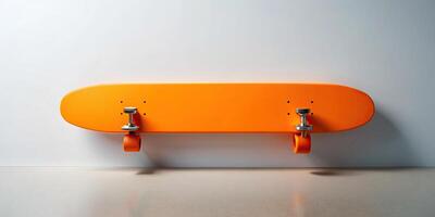 An orange skateboard deck is placed on a plain white background creating a vibrant and eye catching image, skateboard, simple, graphic design, Orange, sports equipment, urban lifestyle photo