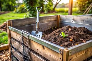 digging fork, organic, An extreme close up stock photo of an open composting bin with a fresh made compost digging fork and sieve positioned above a raised bed ready to be planted