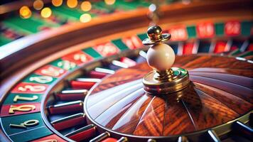 fixed, roulette,ball, view, six, casino, table, A close up view of a ball fixed on the black six of a casino roulette table photo