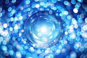 worm's eye view, celebration, blue, festive, sparkle, glowing, Abstract background with animated glowing blue white bokeh circles in a loop captured from a worm s eye view perspective photo