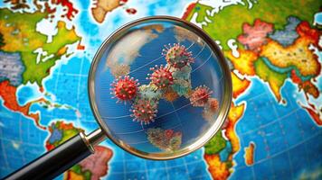 A close up of a globe with a magnifying glass showing the spread of the coronavirus across the United States, United States, USA, stock photo, globe, attack,pandemic, global, fisheye photo