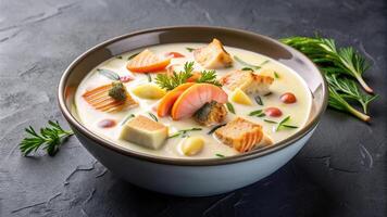 salmon, food, presentation, A symmetrical and visually appealing stock photo of a creamy fish soup with chunks of salmon and assorted seafood presented on a dark background