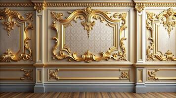 Classic wall background with golden molding captured from a low angle creating a luxurious and elegant atmosphere, atmosphere, decorative, elegant, luxurious, golden, interior design photo
