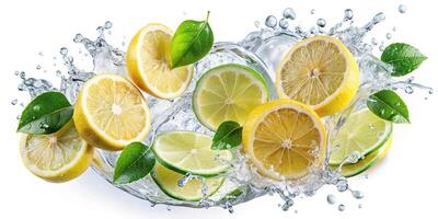 A stock photo featuring a bird s eye view of lime and lemon slices with water splashing around them isolated on a white background, isolated, background, natural, juicy, lemon