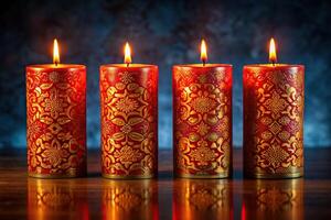 Four similar candles with intricate Chinese patterns placed in a row creating a visually appealing composition, cultural, celebration, similar, candle, Eastern culture, leading lines, festival photo