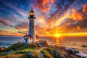A captivating stock photo of a majestic lighthouse standing tall on the horizon of a breathtaking sunset sky, lighthouse, horizon, majestic, captivating, point of view, sky, background