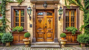 building, charming, architecture, Vintage wooden door and symmetrical windows adorn the front entrance of a charming old house evoking a sense of nostalgia and architectural elegance photo