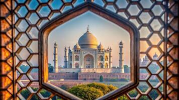 A breathtaking view of the Taj Mahal can be seen through the intricate lattice jali from the Agra Fort showcasing the architectural beauty and grandeur of India s most iconic monument photo