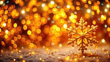 Abstract orange and yellow bokeh lights with snowflake and sunlight panoramic background with copy space in worm's eye view photo