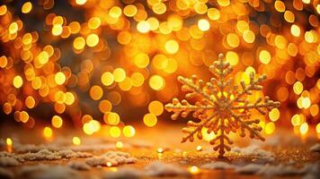 Abstract orange and yellow background with bokeh lights and snowflake photo
