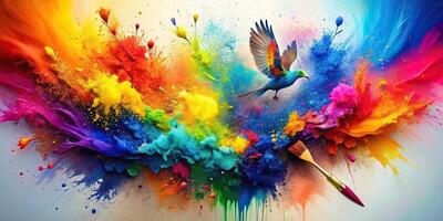 Abstract paint explosion background with colorful brush texture, top view photo