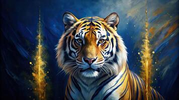 Abstract painting of tiger with gold brushstrokes on dark blue background photo